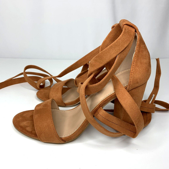 Womens High Heel Lace Up Strappy Suede Sandals Size 7 Brown Camel Block Heel - Picture 8 of 11